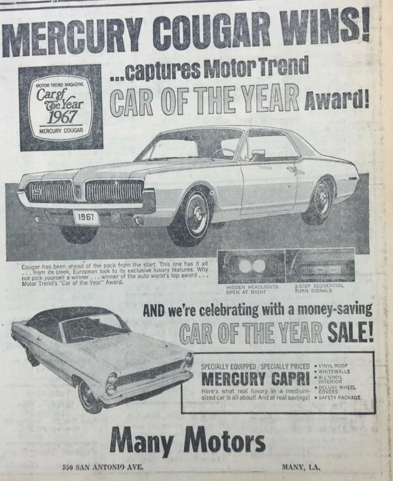 Photograph from the Facebook post “1967 Car of the Year was the Mercury Cougar.”