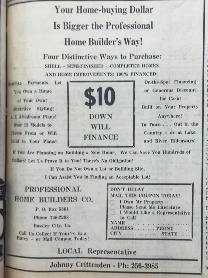 Photograph from the Facebook post “Ten dollars down to finance a home!”