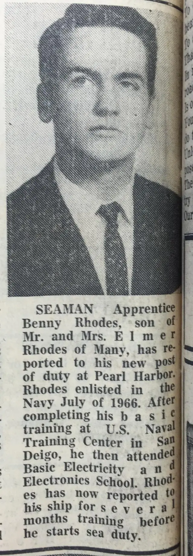 Photograph from the Facebook post “1967, Navy Seaman Rhodes reports to duty at Pearl Harbor”