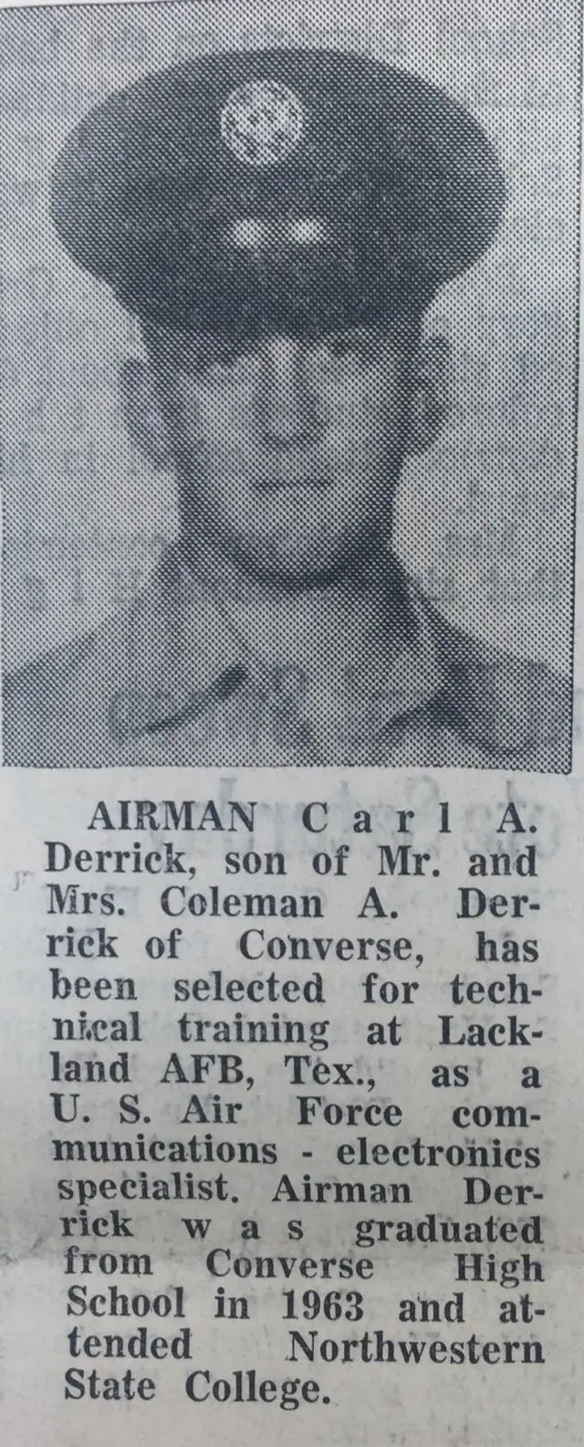 Photograph from the Facebook post “1966, Air Force Airman Carl Derrick to be trained at Lackland AFB”