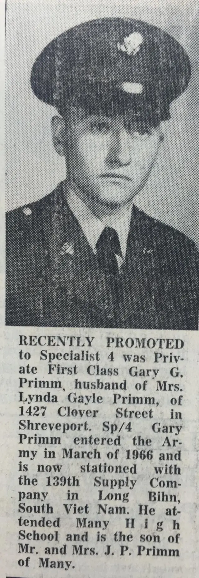 Photograph from the Facebook post “Private First Class Gary Primm, 1967”