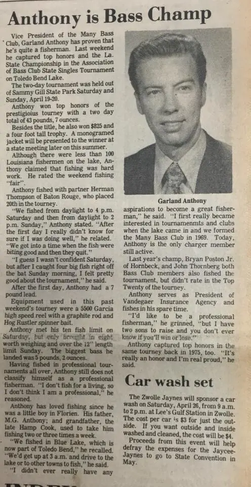 Photograph from the Facebook post “1980, Garland Anthony is Bass Champ!!!”