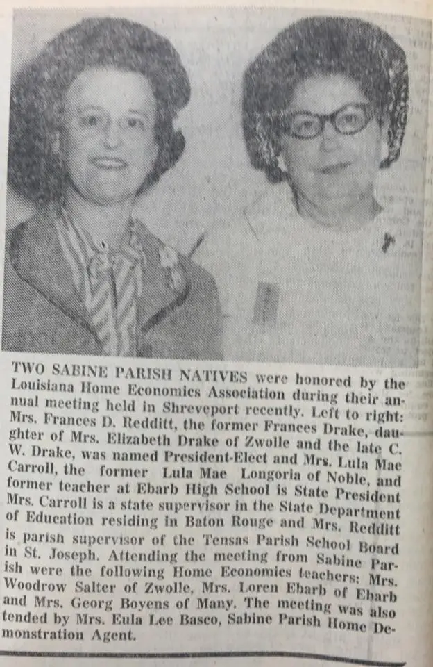 Photograph from the Facebook post “1967, Sabine natives Frances Drake Redditt and Lula Mae Longoria Carroll honored”