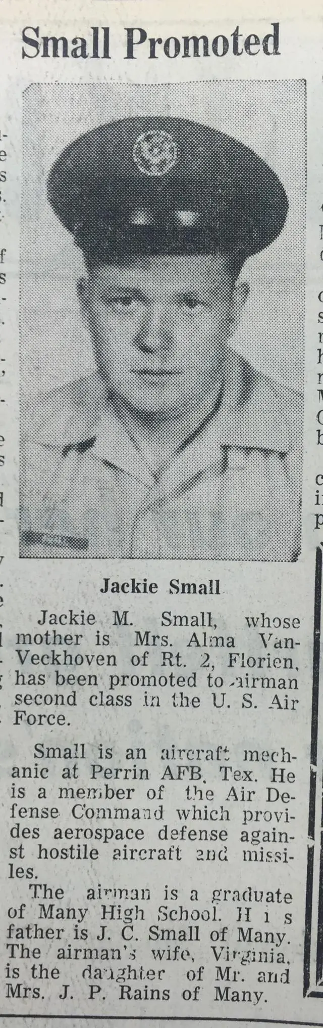 Photograph from the Facebook post “Airman Jackie Small, 1967”