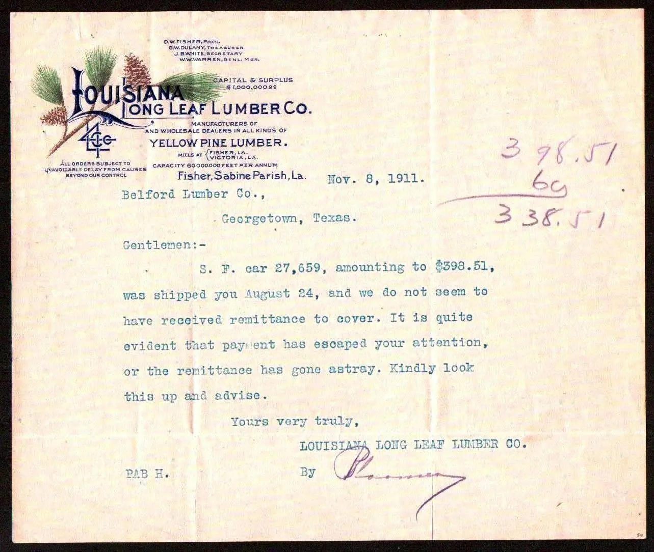 Photograph from the Facebook post “Letter from Louisiana Longleaf Lumber Company offices in Fisher, dated 1911.”