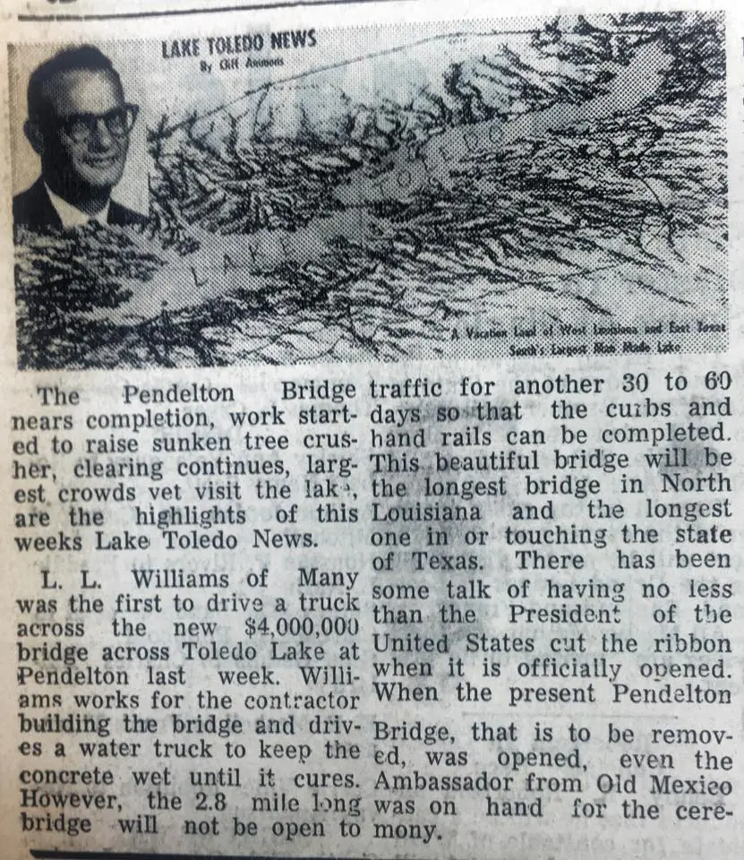 Photograph from the Facebook post “August 1967 Toledo Bend progress report.”