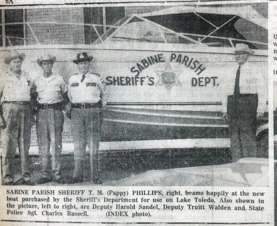 Photograph from the Facebook post “Sheriffs Department gets boat, 1967 as Toledo Bend Lake filling”