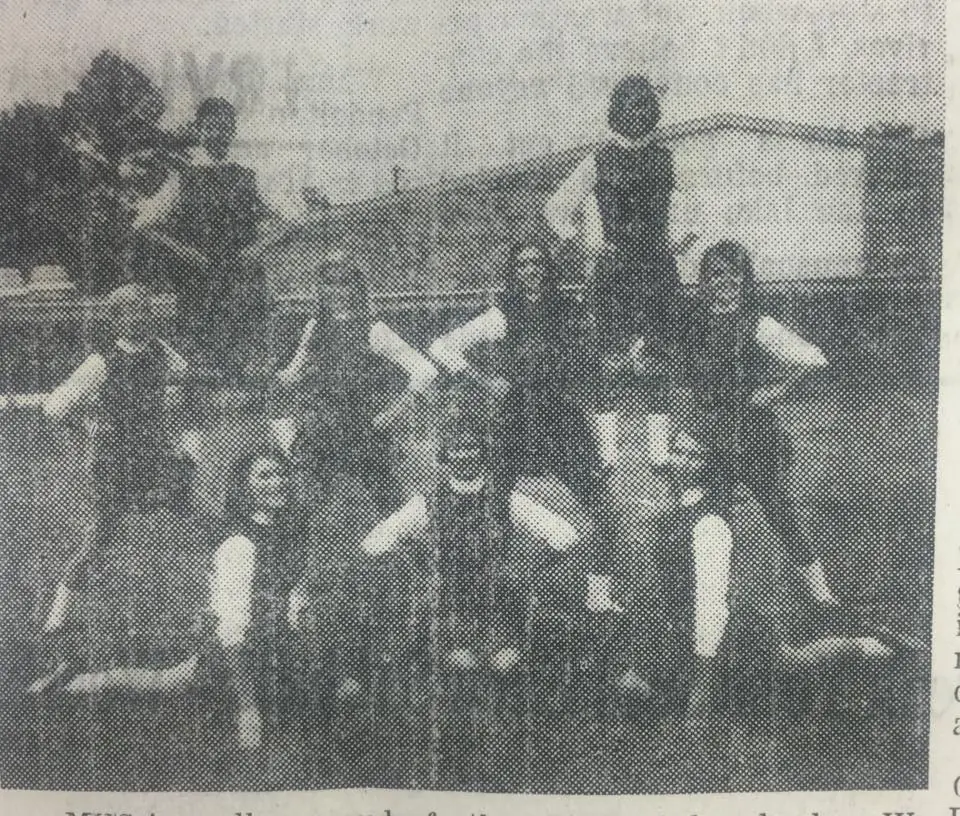 Photograph from the Facebook post “1967 Many cheerleaders.”