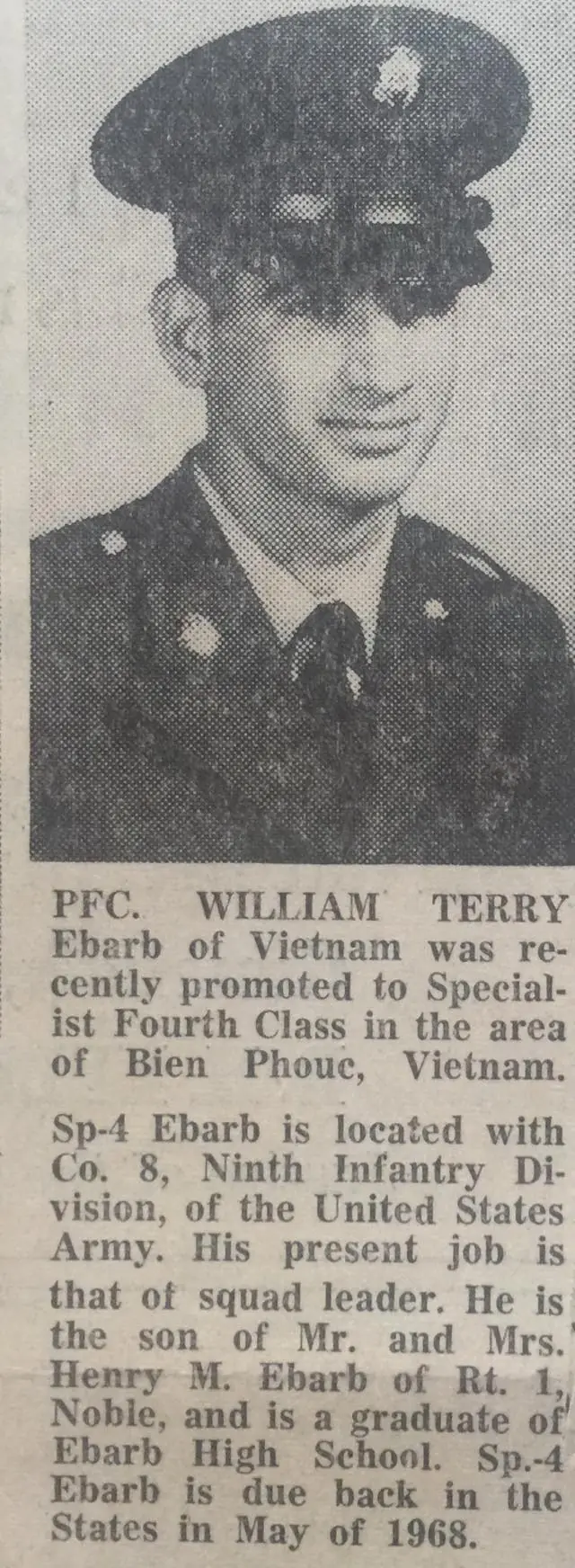 Photograph from the Facebook post “1967, Terry Ebarb in the Army”