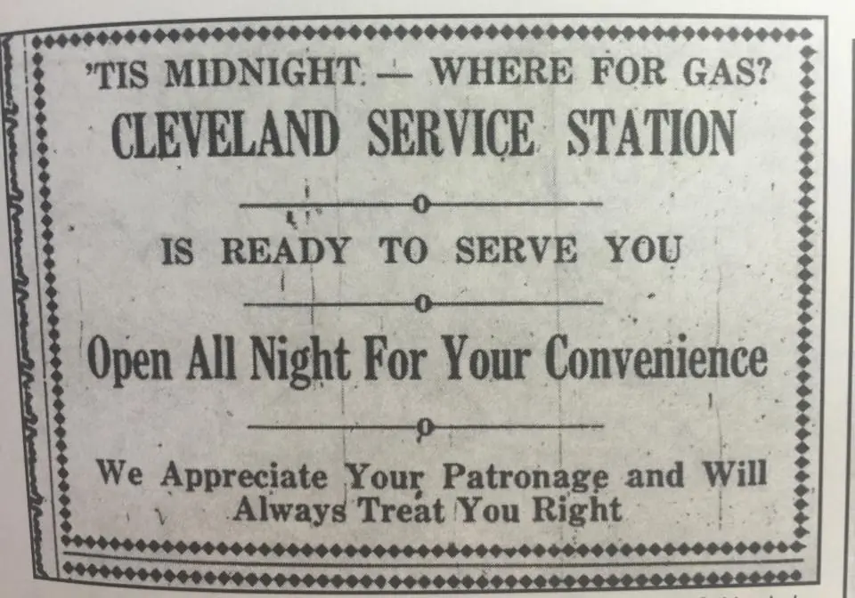 Photograph from the Facebook post “1938 ad for Cleveland Service Station of Many.”