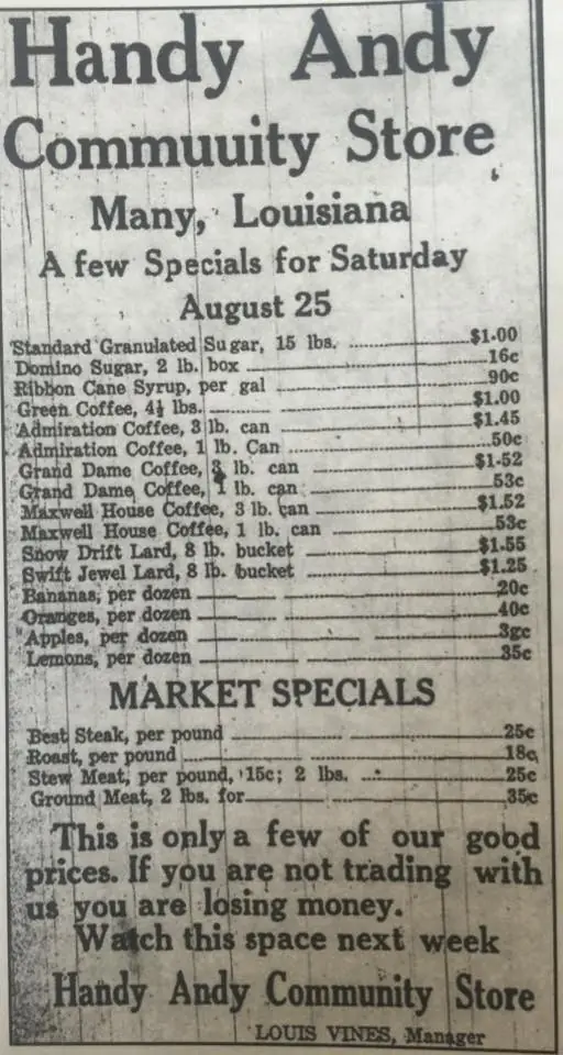 Photograph from the Facebook post “Just look at these 1927 prices at Handy Andy's Community Store.”