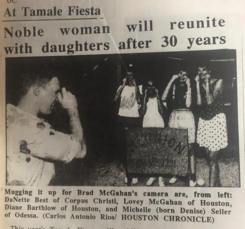 Photograph from the Facebook post “Neat article from 1992 on reunion for Marcie Lee Parrie Williams”