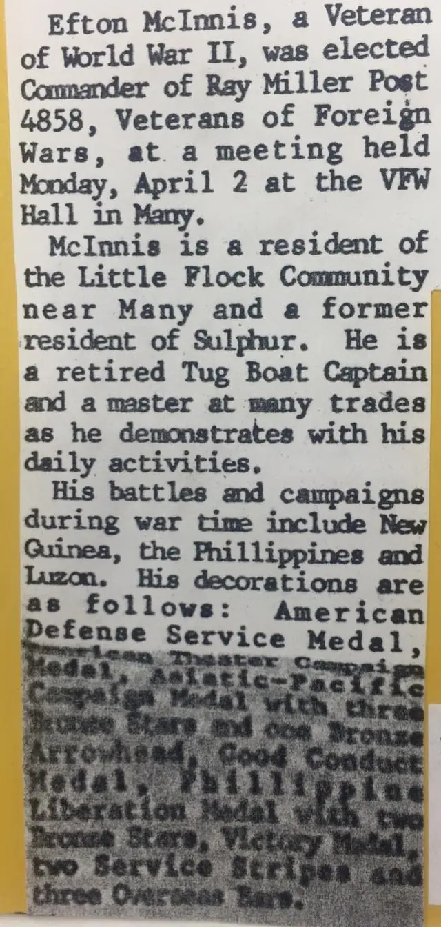 Photograph from the Facebook post “From 1984 edition of The West Louisiana Star, WW2 veteran Elton McInnis is VFW post…”