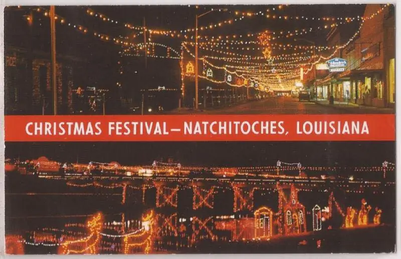 Photograph from the Facebook post “Christmas lights in Natchitoches, 1960s post card #NatchitochesLouisiana…”