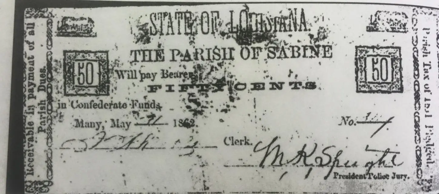 Photograph from the Facebook post “Confederate funds were issued by the Sabine Parish Police Jury during the Civil War.”