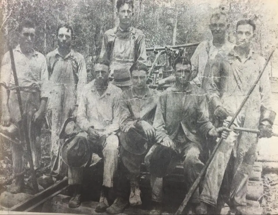Photograph from the Facebook post “The Section Gang from the Louisiana Long Leaf Lumber Company in Fisher.”