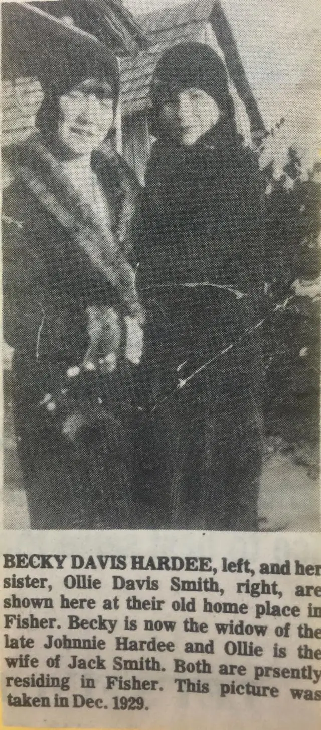 Photograph from the Facebook post “Becky Davis Hardee and Ollie Davis Smith, in Fisher.”