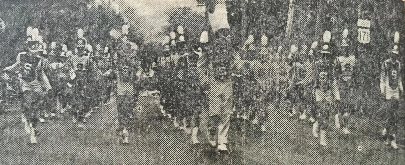 Photograph from the Facebook post “1967, Sabine High School band marching at Many Christmas parade”