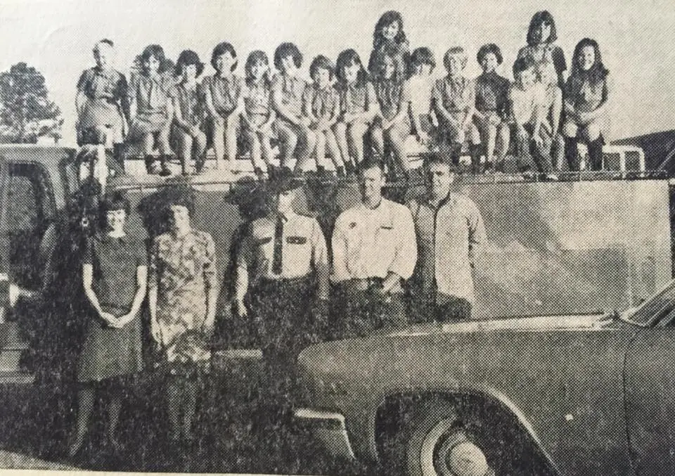 Photograph from the Facebook post “Troop 402 members visit with Many Fire Chief Valmore Byles and enjoy a ride on the fire…”