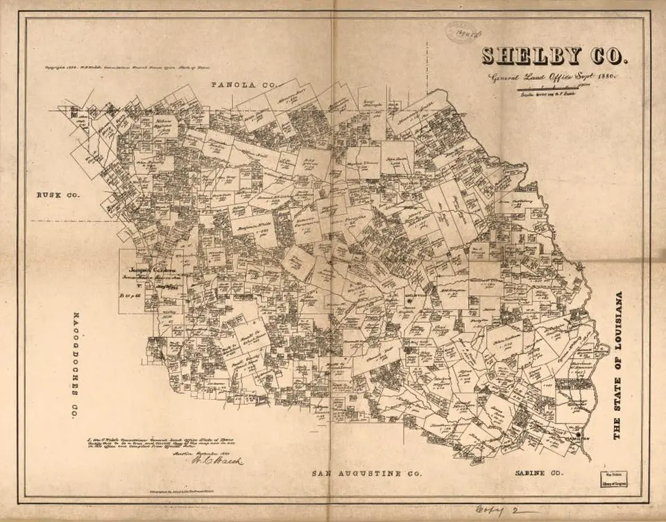 Photograph from the Facebook post “Land ownership in Shelby County, Texas, 1880.”