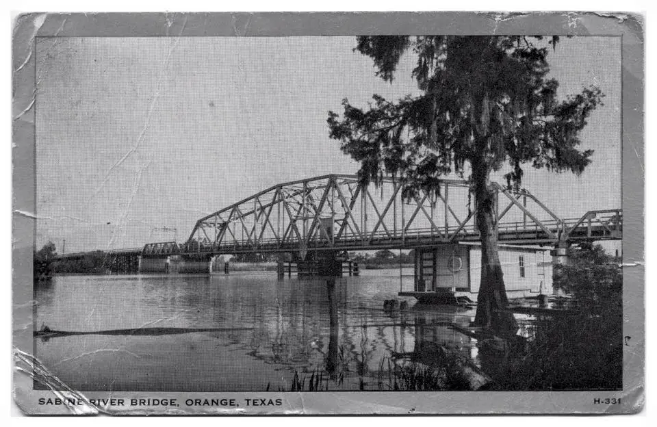 Photograph from the Facebook post “Photo postcard picturing the bridge crossing the Sabine River between Texas and…”