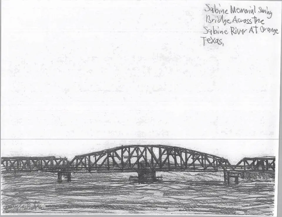 Photograph from the Facebook post “Built in 1917 and demolished in the 1960s, this is the Sabine Memorial Bridge.”