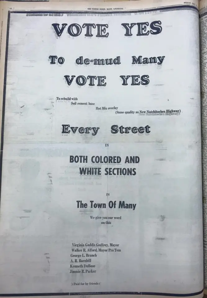 Photograph from the Facebook post “1960s election ad for street tax in Many.”