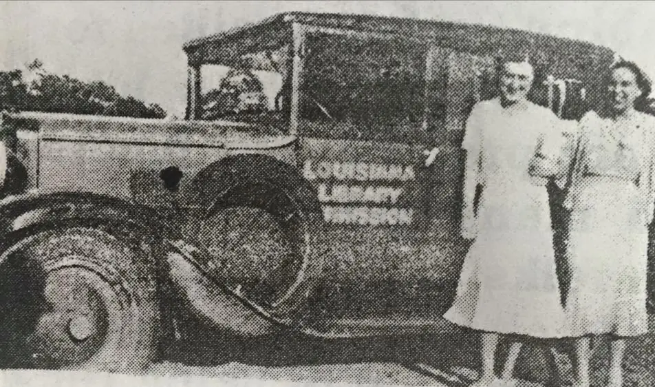 Photograph from the Facebook post “Sabine Parish's first book mobile in 1933.”