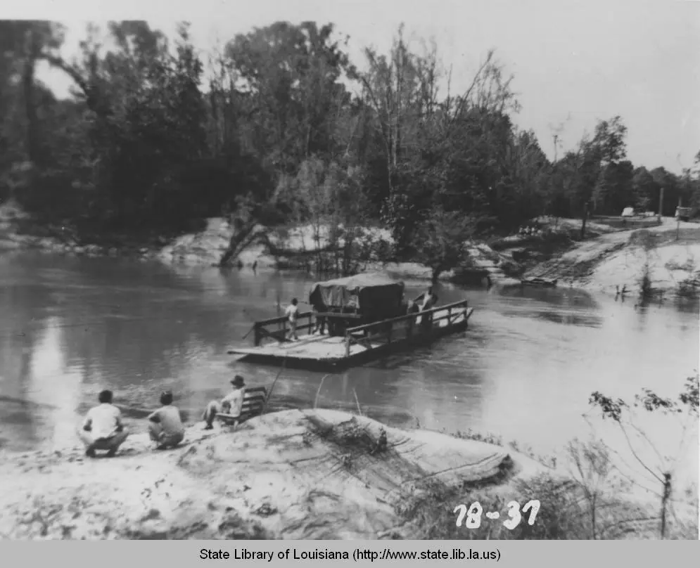 Photograph from the Facebook post “1940, Leesville area, Truck being ferried across river as part of Third Army maneuvers”