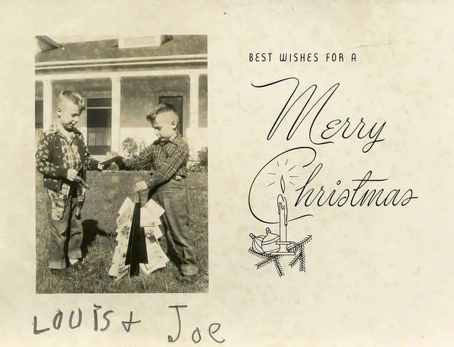 Photograph from the Facebook post “Christmas card from Louis and Joe (?), was mixed in with goodies Mrs.”