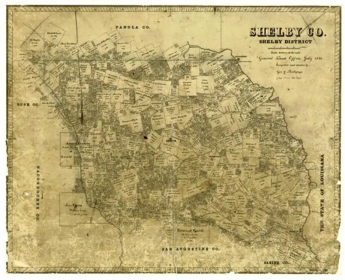 Photograph from the Facebook post “Cadastral map of Shelby County, Texas in the Piney Woods region.”