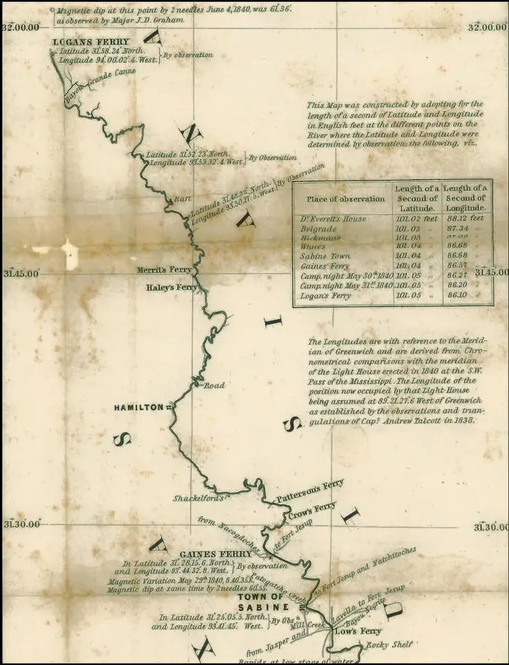 Photograph from the Facebook post “Detailed segment of an 1840 map of the Sabine River, as The east boundary of Texas and…”