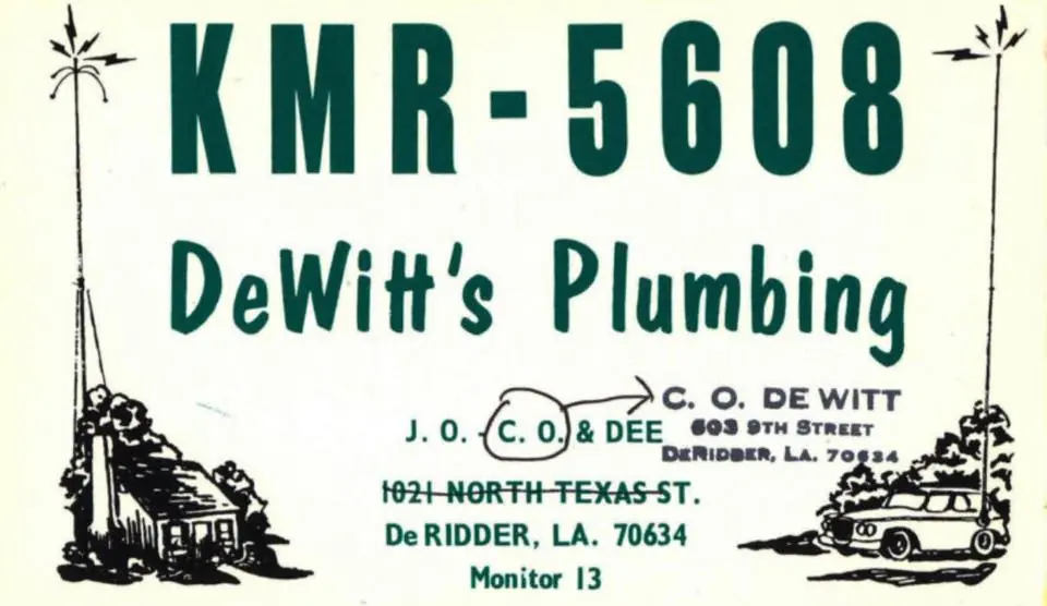 Photograph from the Facebook post “CB radio QSL card for DeWitt's Plumbing in DeRidder, 1970s”