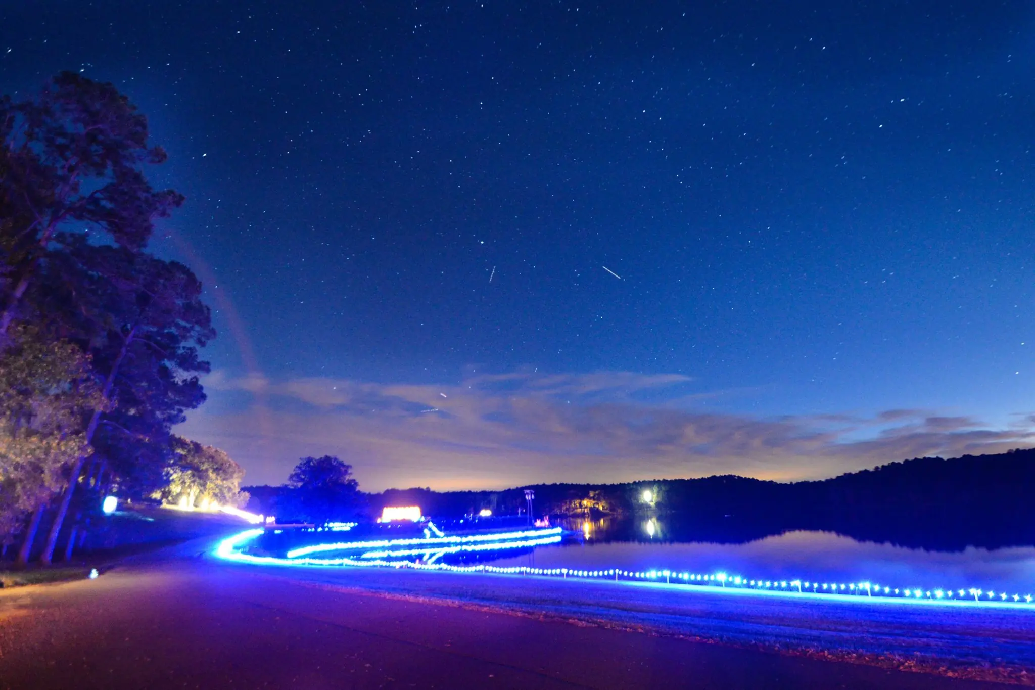 Photograph from the Facebook post “Hodges Gardens section at night, lighted for the Christmas holidays.”