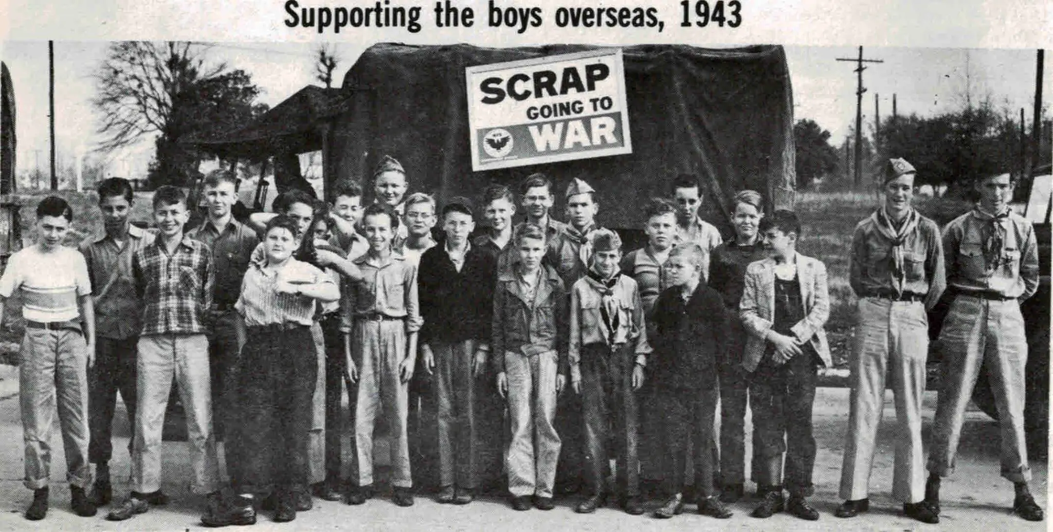 Photograph from the Facebook post “Scrap for War, supporting the boys overseas, 1943.”
