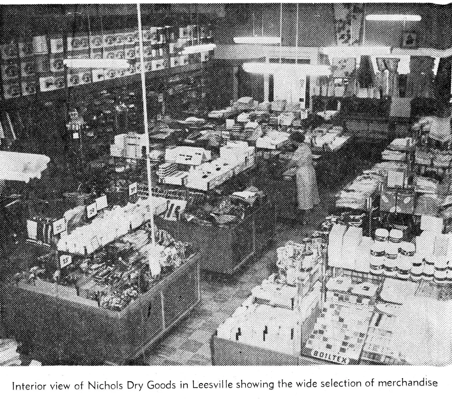 Photograph from the Facebook post “Interior of Nichols Dry Goods store in Leesville, 1959.”