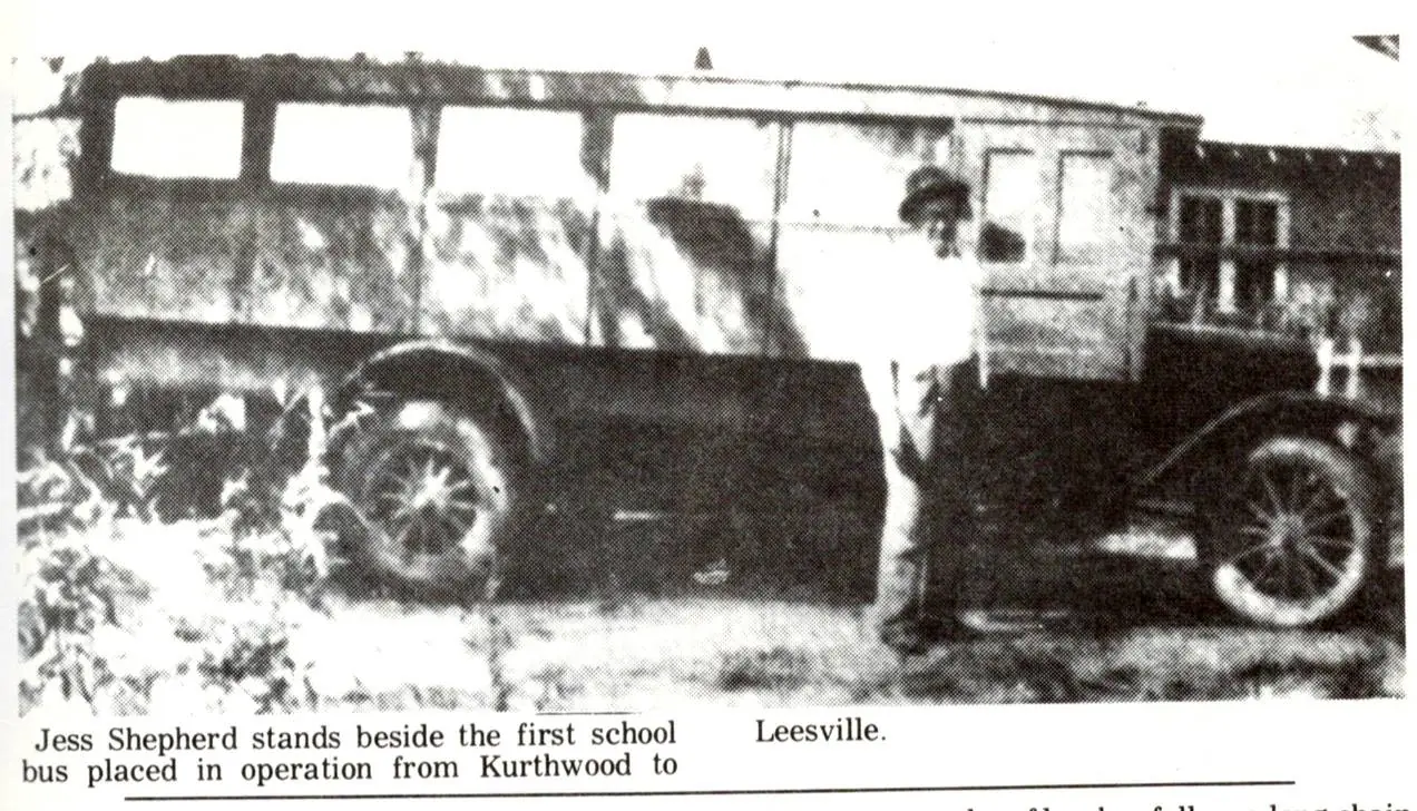 Photograph from the Facebook post “Jess Shepherd stands beside the first school bus put in operation from Kurthwood,…”