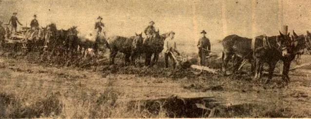 Photograph from the Facebook post “Approximately 1900, early road builders construct roads somewhere between Merryville and…”