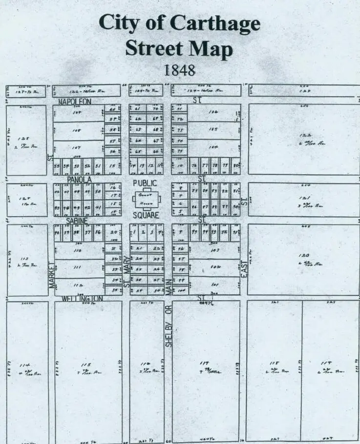 Photograph from the Facebook post “1848 street map of Carthage, Texas.”