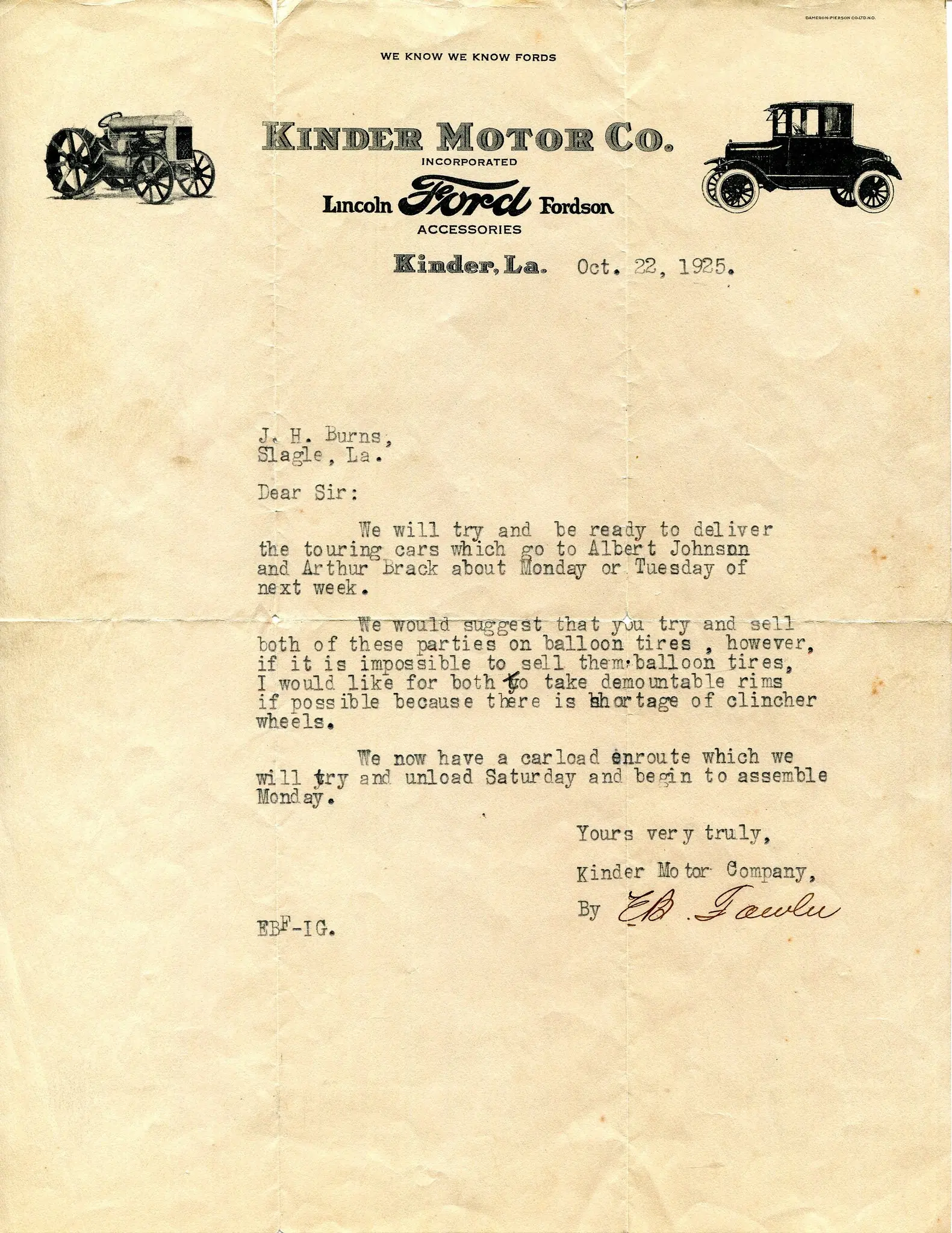 Photograph from the Facebook post “Kinder Motor Company letter to J.”