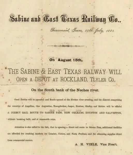 Photograph from the Facebook post “Flier for the Sabine & East Texas Railway, 1882.”