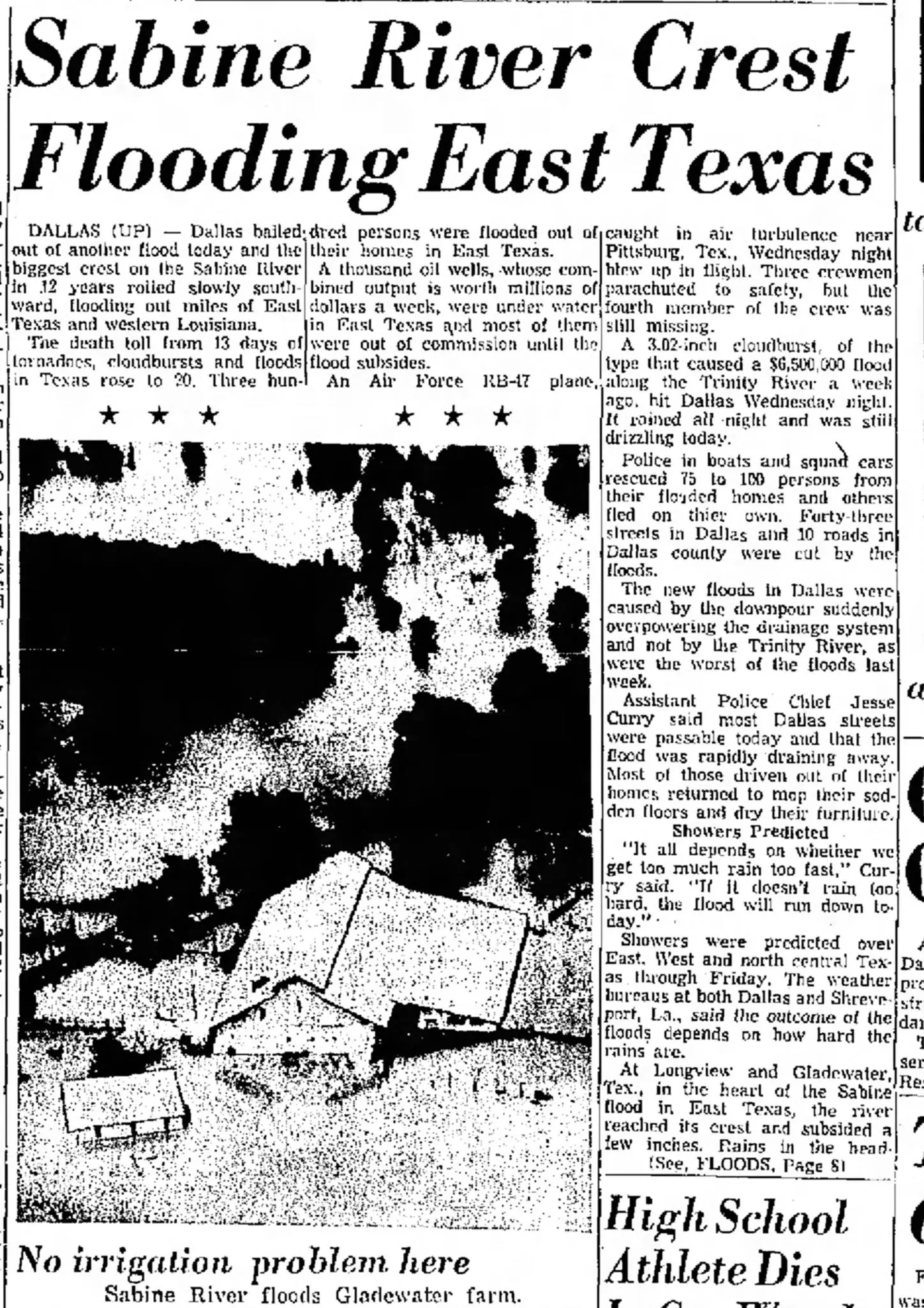 Photograph from the Facebook post “Sabine River flooding in May 1957, from The Brownsville (Texas) Herald.”