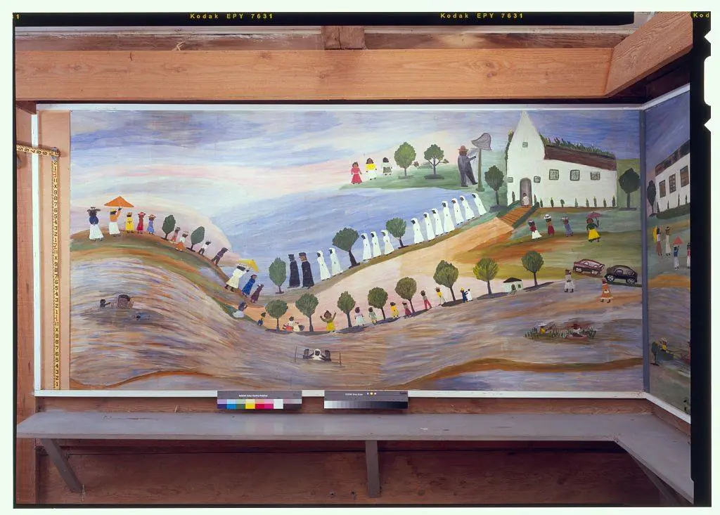 Photograph from the Facebook post “Clementine Hunter paintings displayed in the Africa House at Melrose Plantation in…”