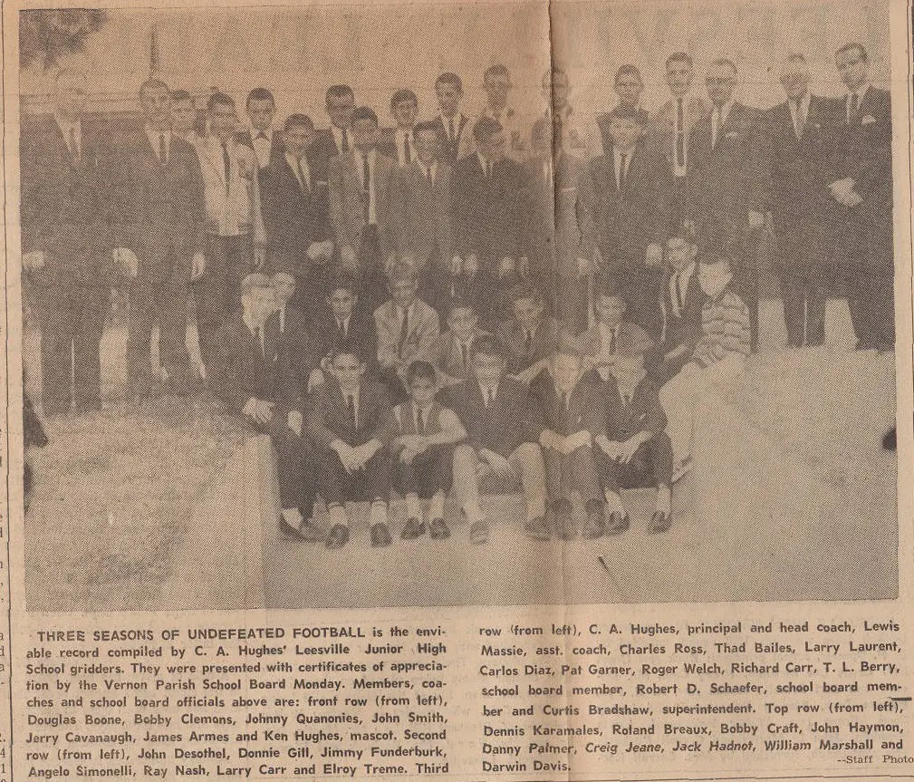 Photograph from the Facebook post “From The Leesville Daily Leader, 1966: Leesville, Louisiana football champs!”