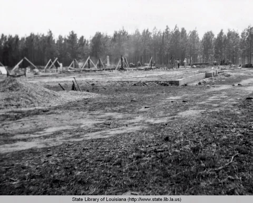 Photograph from the Facebook post “Title WPA workmen laying the foundation for the new Hyatt school near Fields, Louisiana…”