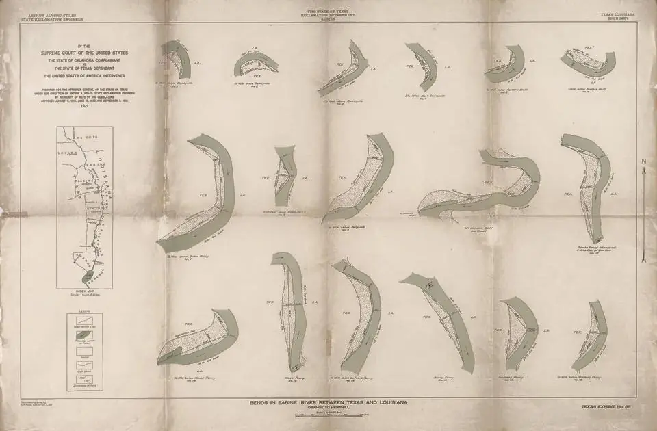 Photograph from the Facebook post “1920 Map of the sharp bends in the Sabine River between Texas and Louisiana, showing the…”