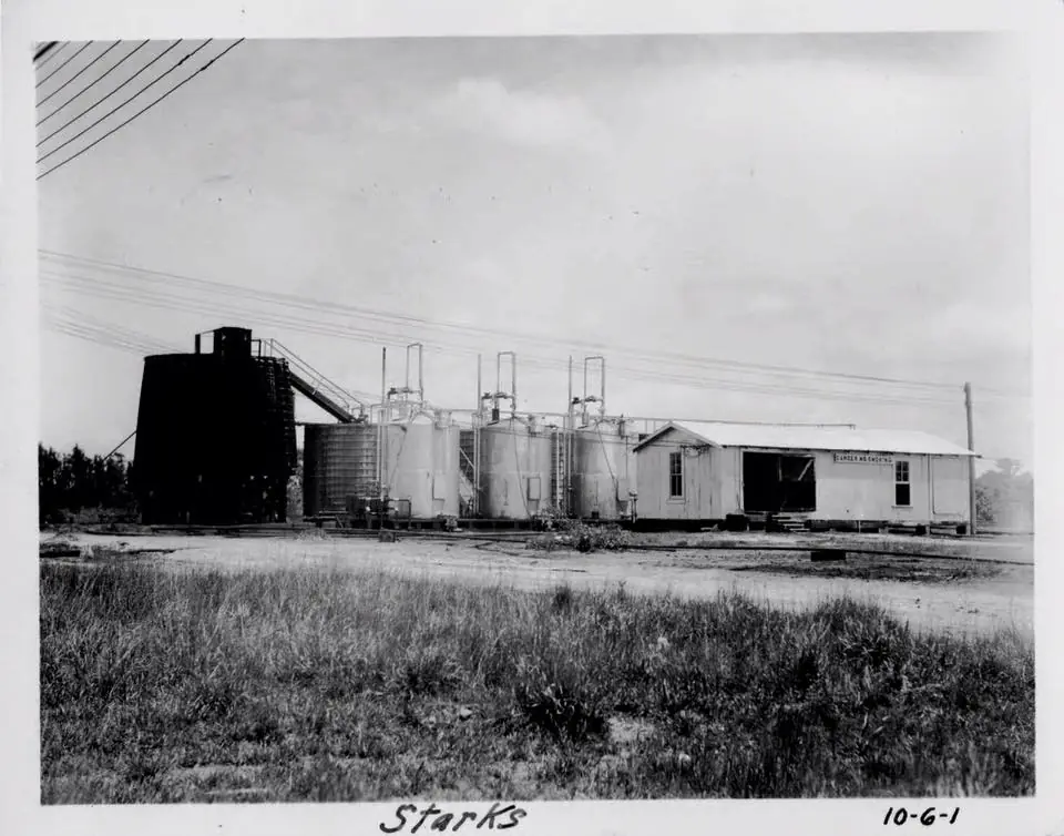 Photograph from the Facebook post “Gulf Treating Plant & Tank Battery, Starks, Louisiana, on April 27, 1937.”