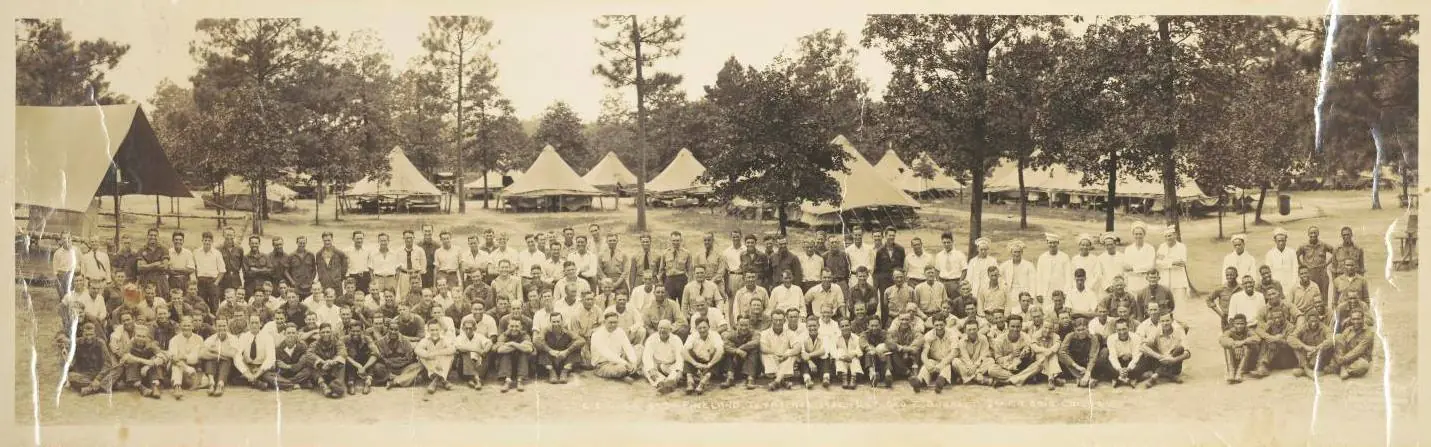 Photograph from the Facebook post “This is a panoramic group photograph of members of the Pineland, Texas CCC camp in 1933.”