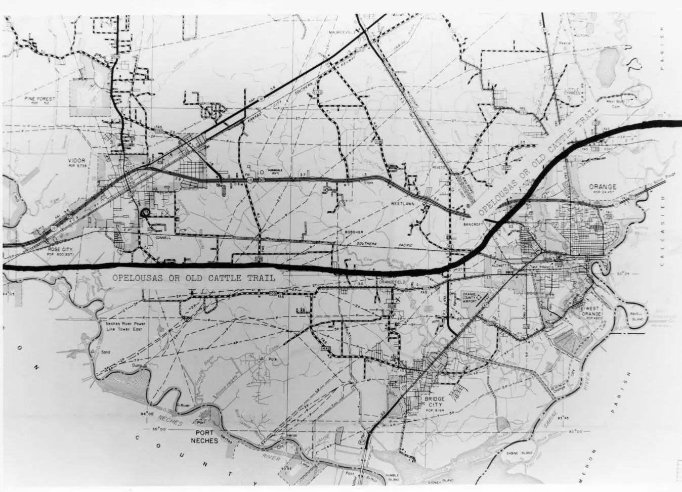Photograph from the Facebook post “Photograph of a map of Orange County showing Opelouses, or old cattle trails, crossing…”