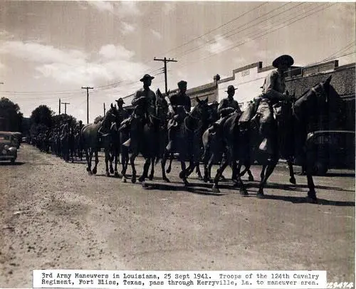 Photograph from the Facebook post “Mounted cavalry troops arriving at the Louisiana Maneuver Area at Merryville, Louisiana.”